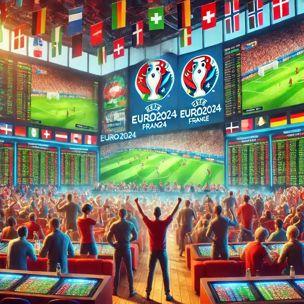 A vibrant and dynamic scene showing a crowded sports betting area with enthusiastic bettors watching multiple screens displaying Euro 2024 matches, including Switzerland vs. Italy and Germany vs. Denmark.